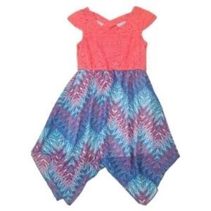 EUC - Pink & Violet Girls Coral Lace Criss Cross Shark Bite Hem Colorful Dress